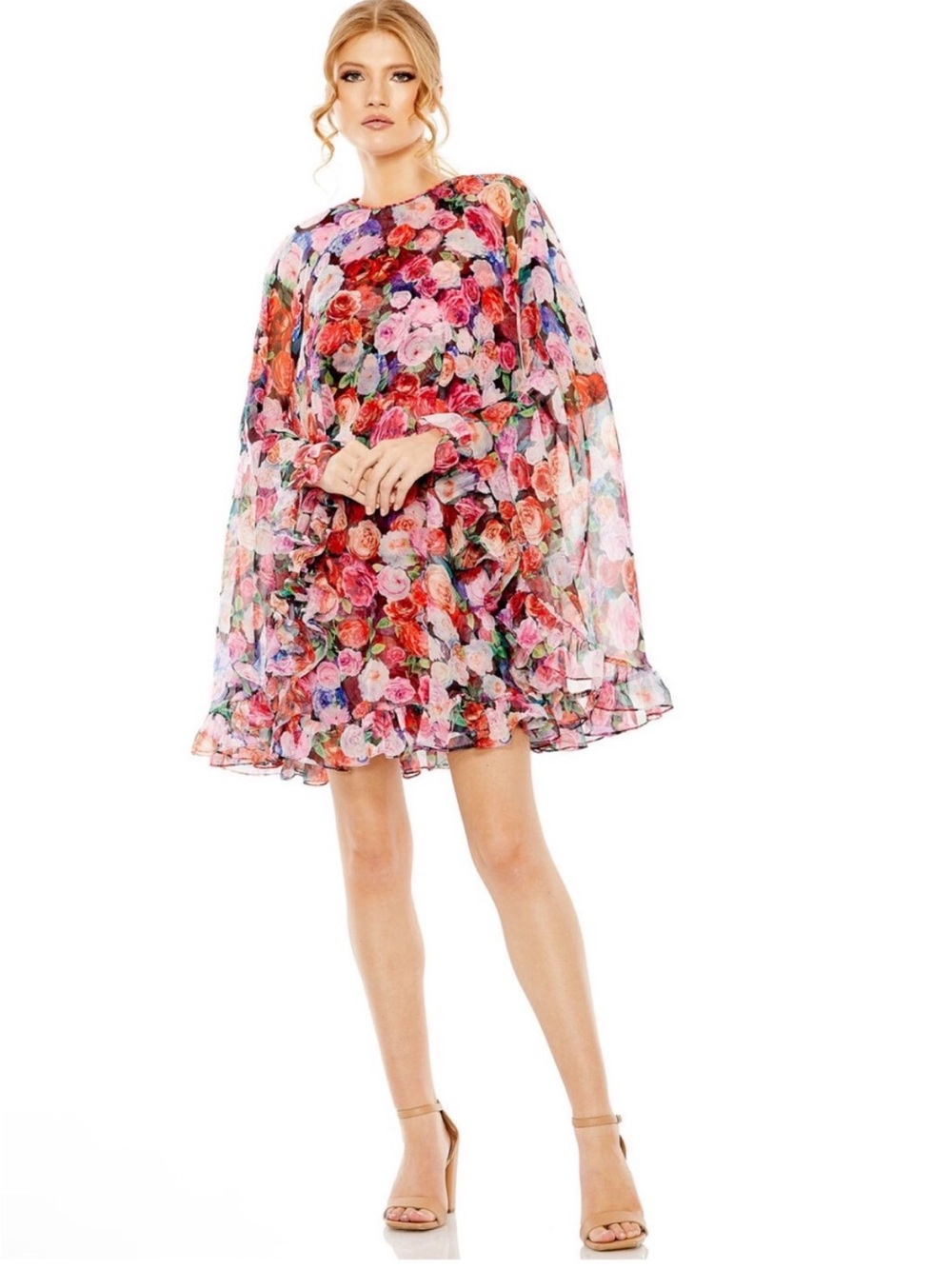NWT Mac Duggal Ieena Floral Chiffon Cape Mini Dress 2 Retro 60’s Chic MSRP $498